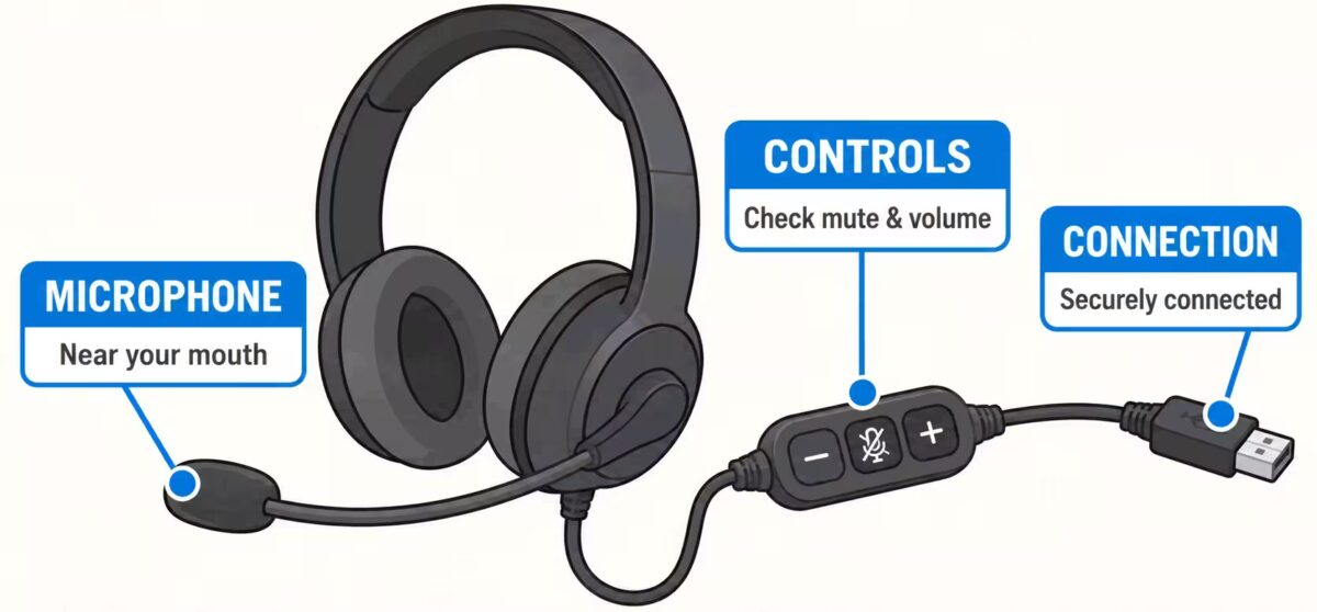Headset diagram showing microphone position, mute and volume controls, and cable connection.