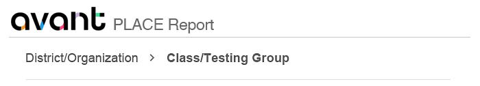 Avant PLACE report header with District/Organization and Class/Testing Group breadcrumb.