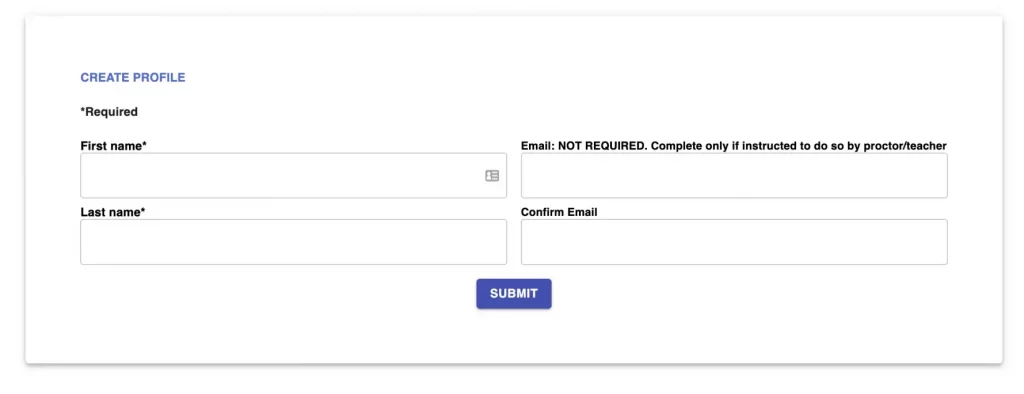 APT Create Profile screen with fields for first name, last name, and a Submit button.