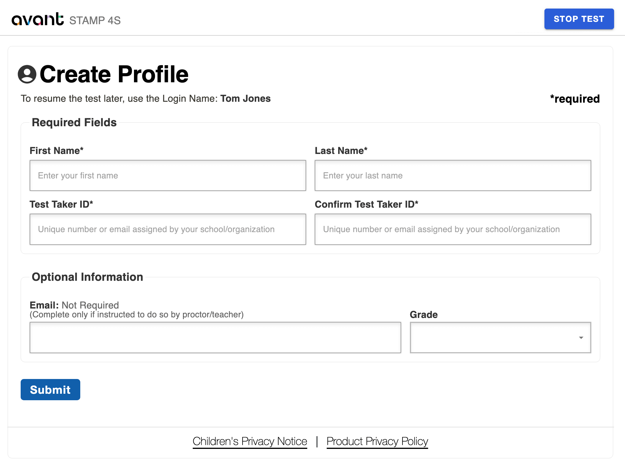 Avant STAMP 4S Create Profile screen with fields for first name, last name, test taker ID, confirm ID, optional email, grade, and a Submit button. 'Stop Test' button in top right.