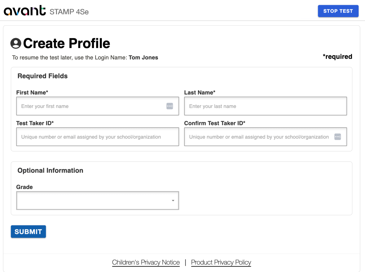 Avant STAMP 4Se Create Profile screen with fields for first name, last name, test taker ID, confirm ID, grade, and a Submit button. 'Stop Test' button in top right.