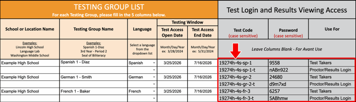 Test Setup form with codes.
