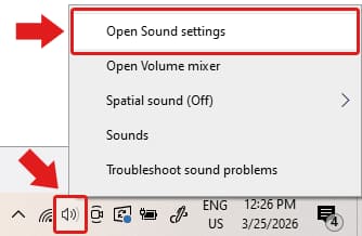 Windows Open Sound Settings.