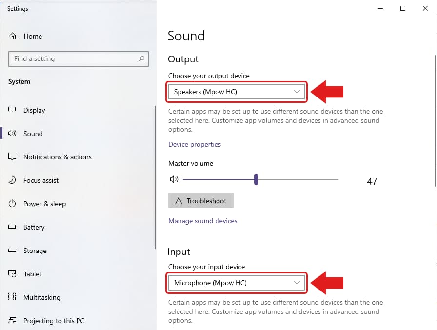 Windows choose input and output settings.
