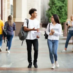 College Student talking as the walk to class.